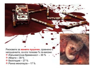 Рисковете за  жените пушачки , сравнено с непушачките, са ето толкова % по-високи: Извънматочна бременност – 30 % Аборти – 39 % Безплодие – 27 % Ранна менопауза – 17 % 