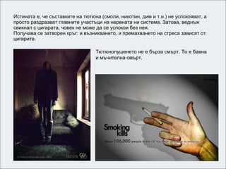 Истината е, че съставките на тютюна (смоли, никотин, дим и т.н.) не успокояват, а просто раздразват главните участъци на нервната ни система. Затова, веднъж свикнал с цигарата, човек не може да се успокои без нея. Получава се затворен кръг: и възникването, и премахването на стреса зависят от цигарите. Тютюнопушенето не е бърза смърт. То е бавна и мъчителна смърт. 