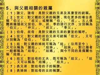 5 、與父親相關的親屬 （ 1 ）諸父、諸母：是對父親的兄弟及其妻室的統稱。 （ 2 ）世父：對父親的兄弟的稱謂，現在更多的場合是稱「伯父」、「叔父」或簡稱「伯」、「叔」。古人偶爾將幾個叔父按伯、仲、叔、季的排行次序，分別稱為「伯父」、「仲父」、「叔父」、「季父」。 （ 3 ）伯母、叔母：是對父親的兄弟的妻室的稱呼。 （ 4 ）從父：對父親的叔伯兄弟可統稱「從父」，又可分別稱為「從伯」、「從叔」。 （ 5 ）姑：對父親的姊妹可稱為「姑」（沿用至今），又可以稱為「諸姑」、「姑姊」、「姑妹」，對已婚者一般都稱為「姑母」、「姑媽」，與今不同的是偶爾也稱「姑娘」。 （ 6 ）姑父：對姑母的丈夫，既可稱為「姑父」、「姑丈」，又可以稱為「姑婿」、「姑夫」。 （ 7 ）表兄弟：對姑母的子的稱謂。 （ 8 ）表姊妹：對姑母的女的稱謂。   