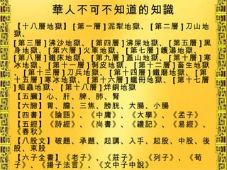 華人不可不知道的知識 【十八層地獄】 [ 第一層 ] 泥犁地獄、 [ 第二層 ] 刀山地獄、 [ 第三層 ] 沸沙地獄、 [ 第四層 ] 沸屎地獄、 [ 第五層 ] 黑身地獄、 [ 第六層 ] 火車地獄、 [ 第七層 ] 鑊湯地獄、 [ 第八層 ] 鐵床地獄、 [ 第九層 ] 蓋山地獄、 [ 第十層 ] 寒冰地獄、 [ 第十一層 ] 剝皮地獄、 [ 第十二層 ] 畜生地獄、 [ 第十三層 ] 刀兵地獄、 [ 第十四層 ] 鐵磨地獄、 [ 第十五層 ] 寒冰地獄、 [ 第十六層 ] 鐵冊地獄、 [ 第十七層 ] 蛆蟲地獄、 [ 第十八層 ] 烊銅地獄 【五臟】心、肝、脾、肺、腎 【六腑】胃、膽、三焦、膀胱、大腸、小腸 【四書】《論語》、《中庸》、《大學》、《孟子》 【五經】《詩經》、《尚書》、《禮記》、《易經》、《春秋》 【八股文】破題、承題、起講、入手、起股、中股、後股、束股 【六子全書】《老子》、《莊子》、《列子》、《荀子》、《揚子法言》、《文中子中說》 【漢字六書】象形、指事、形聲、會意、轉注、假借 