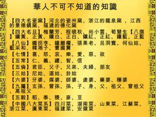 華人不可不知道的知識 【四大名瓷窯】河北的瓷州窯、浙江的龍泉窯 、江西的景德鎮窯、福建的德化窯 【四大名旦】梅蘭芳、程硯秋、尚小雲、荀慧生【八旗】鑲黃、正黃、鑲白、正白、鑲紅、正紅、鑲藍、正藍 【八仙】鐵拐李、鐘離權、張果老、呂洞賓、何仙姑、藍采和、韓湘子、曹國舅 【七情】喜、怒、哀、樂、愛、惡、欲 【五常】仁、義、禮、智、信 【五倫】君臣、父子、兄弟、夫婦、朋友 【三姑】尼姑、道姑、卦姑 【六婆】牙婆、媒婆、師婆、虔婆、藥婆、穩婆 【九屬】玄孫、曾孫、孫、子、身、父、祖父、曾祖父、高祖父 【五穀】稻、黍、稷、麥、豆 【中國八大菜系】四川菜、湖南菜、山東菜、江蘇菜、浙江菜、廣東菜、福建菜、安徽菜 