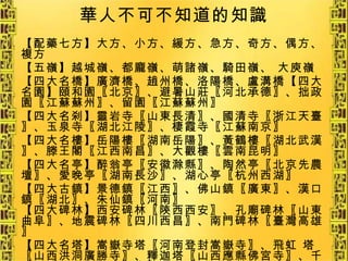 華人不可不知道的知識 【配藥七方】大方、小方、緩方、急方、奇方、偶方、複方 【五嶺】越城嶺、都龐嶺、萌諸嶺、騎田嶺、 大庾嶺 【四大名橋】廣濟橋、趙州橋、洛陽橋、盧溝橋【四大名園】頤和園〖北京〗、避暑山莊〖河北承德〗、拙政園〖江蘇蘇州〗、留園〖江蘇蘇州〗 【四大名刹】靈岩寺〖山東長清〗、國清寺〖浙江天臺〗、玉泉寺〖湖北江陵〗、棲霞寺〖江蘇南京〗 【四大名樓】岳陽樓〖湖南岳陽〗、黃鶴樓〖湖北武漢〗、滕王閣〖江西南昌〗、大觀樓〖雲南昆明〗 【四大名亭】醉翁亭〖安徽滁縣〗、陶然亭〖北京先農壇〗、愛晚亭〖湖南長沙〗、湖心亭〖杭州西湖〗 【四大古鎮】景德鎮〖江西〗、佛山鎮〖廣東〗、漢口鎮〖湖北〗、朱仙鎮〖河南〗 【四大碑林】西安碑林〖陝西西安〗、孔廟碑林〖山東曲阜〗、地震碑林〖四川西昌〗、南門碑林〖臺灣高雄〗 【四大名塔】嵩嶽寺塔〖河南登封嵩嶽寺〗、飛虹 塔〖山西洪洞廣勝寺〗、釋迦塔〖山西應縣佛宮寺〗、千尋塔〖雲南大理崇聖寺〗 