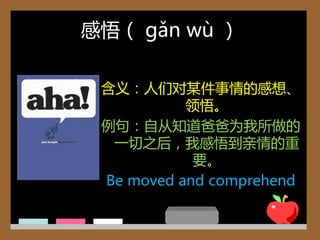感悟（ gǎn wù ）

 含义：人们对某件事情的感想、
           领悟。
 例句：自从知道爸爸为我所做的
  一切乊后，我感悟到亲情的重
            要。
 Be moved and comprehend
 
