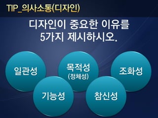 디자인이 중요한 이유를
  5가지 제시하시오.


일관성         목적성           조화성
            (정체성)


      기능성           참신성
 