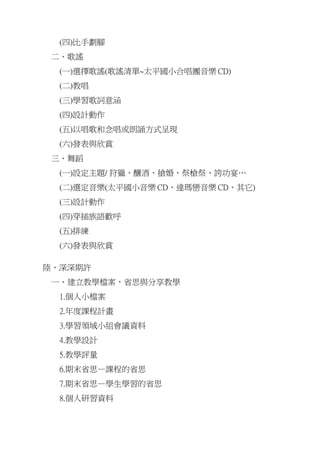 (四)比手劃腳
 二、歌謠
  (一)選擇歌謠(歌謠清單~太平國小合唱團音樂 CD)
  (二)教唱
  (三)學習歌詞意涵
  (四)設計動作
  (五)以唱歌和念唱或朗誦方式呈現
  (六)發表與欣賞
 三、舞蹈
  (一)設定主題/ 狩獵、釀酒、搶婚、祭槍祭、誇功宴…
  (二)選定音樂(太平國小音樂 CD、達瑪巒音樂 CD、其它)
  (三)設計動作
  (四)穿插族語歡呼
  (五)排練
  (六)發表與欣賞

陸、深深期許
 一、建立教學檔案，省思與分享教學
  1.個人小檔案
  2.年度課程計畫
  3.學習領域小組會議資料
  4.教學設計
  5.教學評量
  6.期末省思—課程的省思
  7.期末省思—學生學習的省思
  8.個人研習資料
 