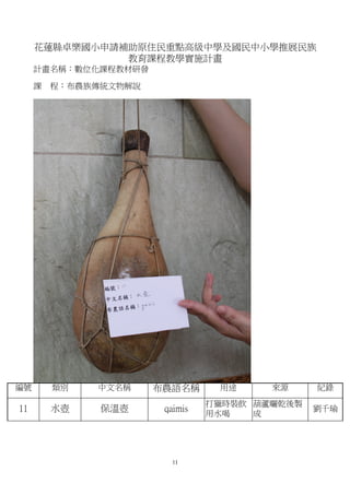 花蓮縣卓樂國小申請補助原住民重點高級中學及國民中小學推展民族
               教育課程教學實施計畫
     計畫名稱：數位化課程教材研發

     課   程：布農族傳統文物解說




編號       類別   中文名稱     布農語名稱      用途     來源     紀錄
                                 打獵時裝飲 葫蘆曬乾後製
11       水壺    保溫壺      qaimis                  劉千瑜
                                 用水喝   成




                         11
 