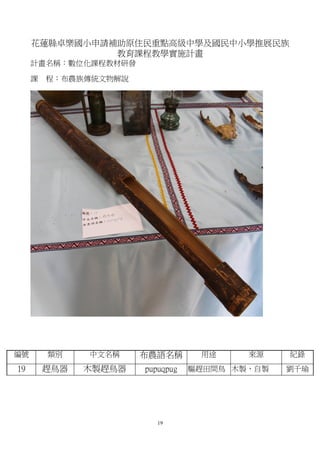 花蓮縣卓樂國小申請補助原住民重點高級中學及國民中小學推展民族
               教育課程教學實施計畫
     計畫名稱：數位化課程教材研發

     課   程：布農族傳統文物解說




編號       類別    中文名稱    布農語名稱       用途     來源    紀錄
19       趕鳥器   木製趕鳥器   pupuqpug   驅趕田間鳥 木製，自製   劉千瑜




                          19
 