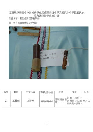 花蓮縣卓樂國小申請補助原住民重點高級中學及國民中小學推展民族
               教育課程教學實施計畫
     計畫名稱：數位化課程教材研發

     課   程：布農族傳統文物解說




編號       類別    中文名稱    布農語名稱      用途       來源      紀錄

                                        自製，利用竹
                                  用以演奏古
21       工藝類   口簧琴     qaungqaung 調     片 間 缺 口 的 銅 林月菇
                                        片震動來發聲。




                          21
 