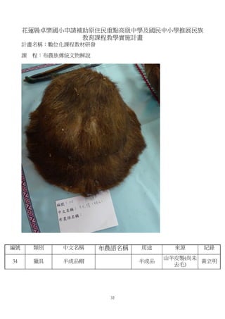 花蓮縣卓樂國小申請補助原住民重點高級中學及國民中小學推展民族
               教育課程教學實施計畫
     計畫名稱：數位化課程教材研發

     課   程：布農族傳統文物解說




編號       類別   中文名稱     布農語名稱   用途      來源    紀錄
                                     山羊皮製(尚未
34       獵具   半成品帽       　     半成品           黃立明
                                       去毛)




                         32
 