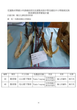 花蓮縣卓樂國小申請補助原住民重點高級中學及國民中小學推展民族
               教育課程教學實施計畫
     計畫名稱：數位化課程教材研發

     課   程：布農族傳統文物解說




編號       類別     中文名稱      布農語名稱      用途       來源     紀錄

                                   在祭典儀式
40       獸骨類   公山豬下顎骨 Vanis / vaqvaq 做為祈福用   獵人狩獵物   陳月英

                                   在祭典儀式
40       獸骨類   母山豬下顎骨 Vanis / vaqvaq 做為祈福用   獵人狩獵物   陳月英




                             36
 