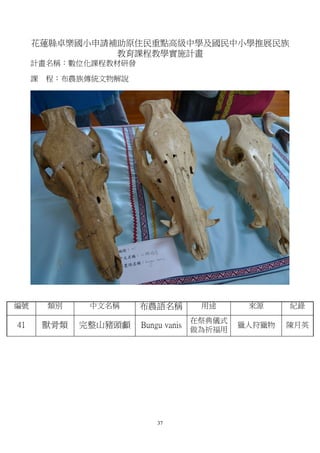花蓮縣卓樂國小申請補助原住民重點高級中學及國民中小學推展民族
               教育課程教學實施計畫
     計畫名稱：數位化課程教材研發

     課   程：布農族傳統文物解說




編號       類別     中文名稱    布農語名稱      用途        來源     紀錄
                                 在祭典儀式
41       獸骨類   完整山豬頭顱   Bungu vanis 做為祈福用   獵人狩獵物   陳月英




                           37
 