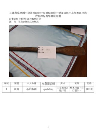 花蓮縣卓樂國小申請補助原住民重點高級中學及國民中小學推展民族
               教育課程教學實施計畫
     計畫名稱：數位化課程教材研發
     課 程：布農族傳統文物解說




編號     類別   中文名稱      布農語名稱        用途    來源      紀錄
                                  主小米時之 檜木材質，自
4      食器   小米飯鏟      qaidadasu                  陳月英
                                   繳拌具   行製作。




                         4
 