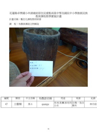 花蓮縣卓樂國小申請補助原住民重點高級中學及國民中小學推展民族
               教育課程教學實施計畫
     計畫名稱：數位化課程教材研發

     課   程：布農族傳統文物解說




編號       類別    中文名稱   布農語名稱         用途       來源       紀錄
                                用 來 蒸 釀 酒 用 的 自製，取自
47       工藝類    蒸斗     quangu                         林月菇
                                小米            樟木




                           41
 