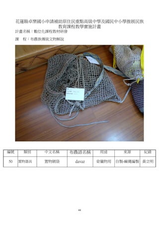花蓮縣卓樂國小申請補助原住民重點高級中學及國民中小學推展民族
               教育課程教學實施計畫
     計畫名稱：數位化課程教材研發

     課   程：布農族傳統文物解說




編號       類別   中文名稱     布農語名稱     用途      來源    紀錄

50   置物器具     置物網袋      davaz   背獵物用   自製-麻繩編製 黃立明




                         44
 
