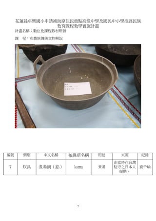 花蓮縣卓樂國小申請補助原住民重點高級中學及國民中小學推展民族
               教育課程教學實施計畫
     計畫名稱：數位化課程教材研發

     課   程：布農族傳統文物解說




編號       類別    中文名稱    布農語名稱   用途    來源      紀錄

                                    由當時在台灣
7        炊具   煮湯鍋（鋁）    kama   煮湯   駐守之日本人   劉千瑜
                                      提供。




                         7
 