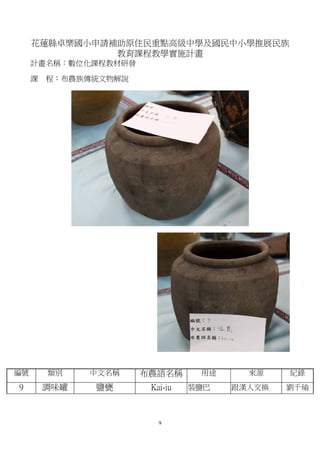 花蓮縣卓樂國小申請補助原住民重點高級中學及國民中小學推展民族
               教育課程教學實施計畫
     計畫名稱：數位化課程教材研發

     課   程：布農族傳統文物解說




編號       類別    中文名稱    布農語名稱      用途     來源    紀錄
9        調味罐   鹽甕       Kai-iu   裝鹽巴   跟漢人交換   劉千瑜



                          9
 