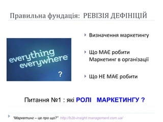 Правильна фундація:  РЕВІЗІЯ ДЕФІНІЦІЙ  Визначення маркетингу Що МАЄ робити Маркетинг в організації Що НЕ МАЄ робити “ Маркетинг – це про що?”  http://b2b-insight.management.com.ua/   ? Питання №1 :  як і  РОЛІ  МАРКЕТИНГУ  ? 