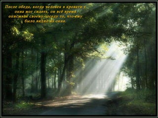 После обеда, когда человек в кровати у окна мог сидеть, он всё время описывал своему соседу то, что ему было видно из окна. 