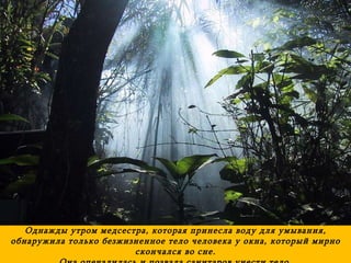 Однажды утром медсестра, которая принесла воду для умывания, обнаружила только безжизненное тело человека у окна, который мирно скончался во сне. Она опечалилась и позвала санитаров унести тело . 