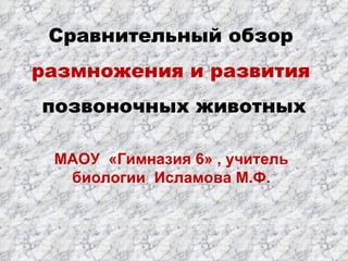 Сравнительный обзор  размножения и развития  позвоночных животных МАОУ  «Гимназия 6» , учитель биологии  Исламова М.Ф. 