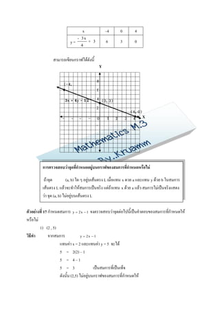 x                  –4       0      4
                               - 3x
                          y=          + 3           6        3      0
                                4


               สามารถเขียนกราฟได้ดังนี้
                                                Y

                                            8
                     (-4,
                     
                     6)                     6
                                            4 (0, 3)
                                             
                        3x + 4y - 12
                        = 0                 2
                                                                   (4, 0)
                    -      - -        - 0           1    2           
                                                                 3 4 X
                    4      3 2        1 -
                                        2
                                        -
                                        4
                                        -
                                        6

         การตรวจสอบว่าจุดที่กาหนดอยู่บนกราฟของสมการที่กาหนดหรือไม่

          ถ้าจุด          (a, b) ใด ๆ อยู่บเส้นตรง L เมื่อแทน x ดวย a และแทน y ด้วย b ในสมการ
         เส้นตรง L แล้วจะทาให้สมการเป็นจริง แต่ถ้าแทน x ด้วย a แล้ว สมการไม่เป็นจริงแสดง
         ว่า จุด (a, b) ไม่อยู่บนเส้นตรง L

ตัวอย่างที่ 17 กาหนดสมการ y  2 x  1 จงตรวจสอบว่าจุดต่อไปนี้เป็นคาตอบของสมการที่กาหนดให้
หรือไม่
        1) (2 , 5)
วิธีทา         จากสมการ            y  2x  1

                    แทนค่า x = 2 และแทนค่า y = 5 จะได้
                    5 = 2(2) – 1
                    5 = 4–1
                    5 = 3                  เป็นสมการที่เป็นเท็จ
                    ดังนั้น (2,5) ไม่อยู่บนกราฟของสมการที่กาหนดให้
 