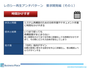 レガシー再生アンチパターン     要求開発編（その１）

  時間かけすぎ

状況と問題   システム再構築のための分析作業やドキュメント作業
        に時間をかけすぎる

症状と結果   いつまで経っても
        再構築案がまとまらない
        長く時間をかけて全てを均等に詳細化しても時間がかかりす
        ぎて、その間にビジネス自体が変化してしまう

処方箋     「目的」指向デザイン
        目標の実現に寄与する部分を中心に詳細化し、他は概括レベ
        ルでデザインする




                             www.takumi-businessplace.co.jp
 