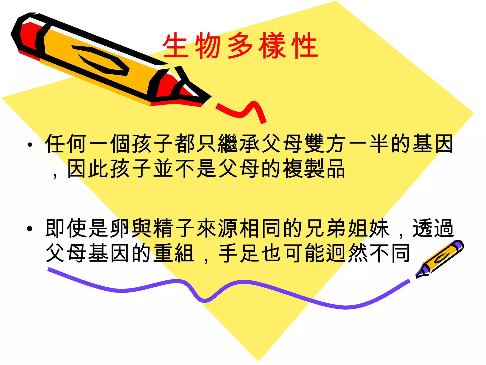 生物多樣性 任何一個孩子都只繼承父母雙方ㄧ半的基因， 因此孩子並不是父母的複製品 即使是卵與精子來源相同的兄弟姐妹，透過父母基因的重組，手足也可能迥然不同 