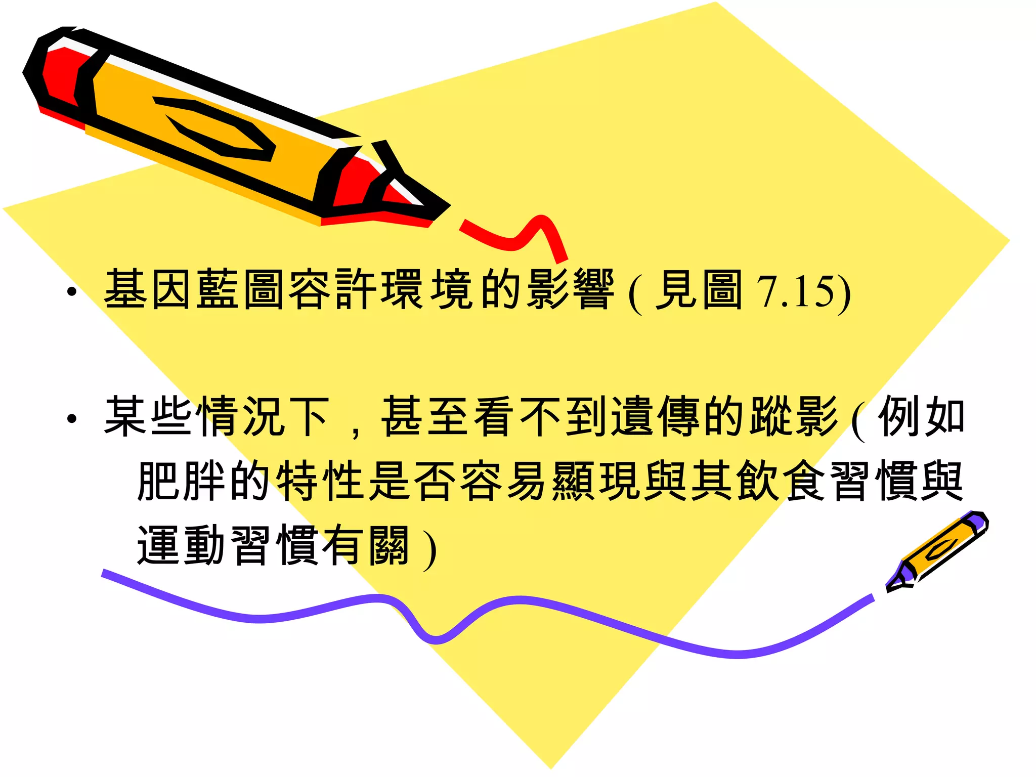 基因藍圖容許 環境 的影響 ( 見圖 7.15) 某些情況下 ， 甚至看不到遺傳的蹤影 ( 例如 肥胖的特性是否容易顯現與其飲食習慣與 運動習慣有關 ) 