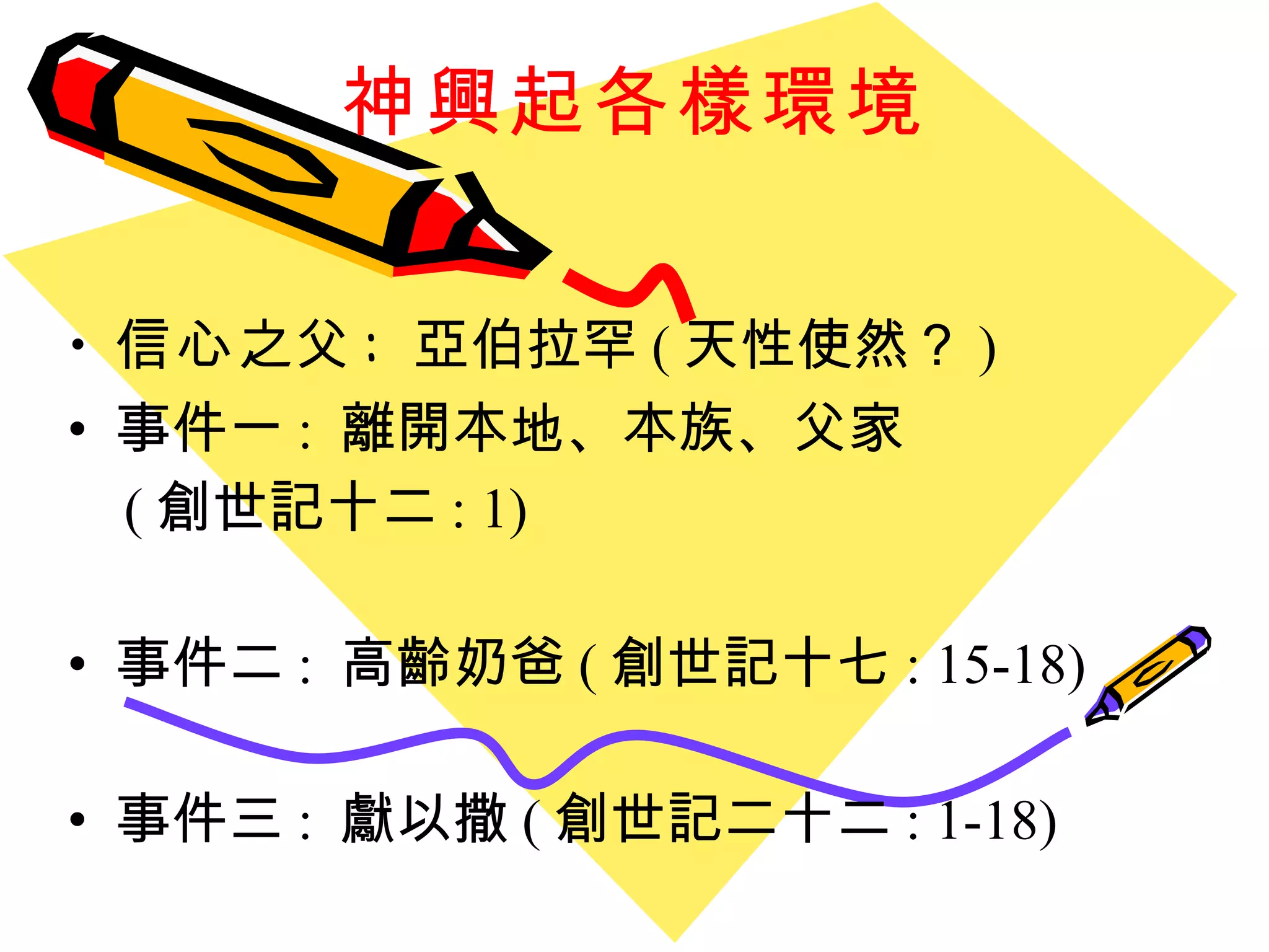 神興起各樣環境 信心 之父 :  亞伯拉罕 ( 天性使然？ ) 事件一 :  離開本地、本族、父家 ( 創世記十二 : 1) 事件二 :  高齡奶爸 ( 創世記十七 : 15-18) 事件三 :  獻以撒 ( 創世記二十二 : 1-18) 