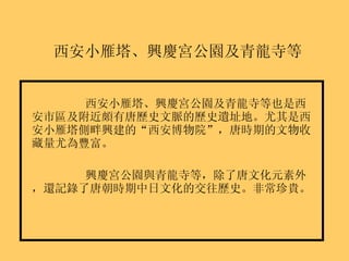 西安小雁塔、興慶宮公園及青龍寺等 西安小雁塔、興慶宮公園及青龍寺等也是西安市區及附近頗有唐歷史文脈的歷史遺址地。尤其是西安小雁塔側畔興建的“西安博物院”，唐時期的文物收藏量尤為豐富。 興慶宮公園與青龍寺等，除了唐文化元素外，還記錄了唐朝時期中日文化的交往歷史。非常珍貴。 