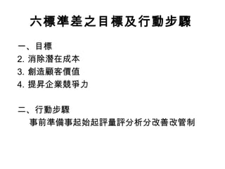 六標準差之目標及行動步驟   一、目標 消除潛在成本  創造顧客價值  提昇企業競爭力  二、行動步驟  事前準備  起始  評量  分析  改善  管制 
