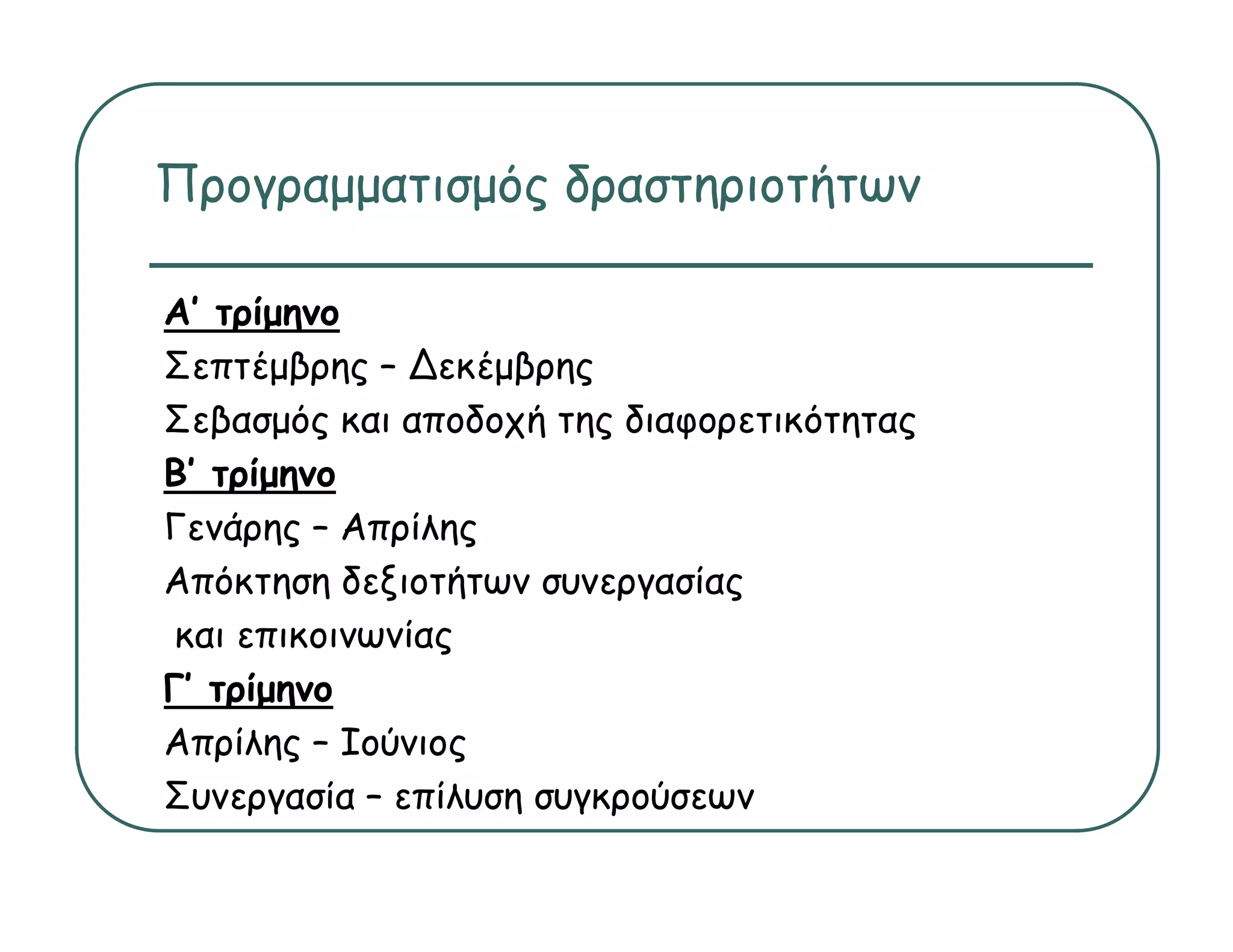 Προγραμματισμός δραστηριοτήτων
Π γ αμματ μός δ α τη τήτων

Α’ τρίμηνο
  ’
Σεπτέμβρης – ∆εκέμβρης
Σεβασμός και αποδοχή της διαφορετικότητας
Β’ τρίμηνο
Γενάρης – Απρίλης
Απόκτηση δεξιοτήτων συνεργασίας
 και επικοινωνίας
Γ’ τρίμηνο
Απρίλης – Ιούνιος
Συνεργασία – επίλυση συγκρούσεων
 