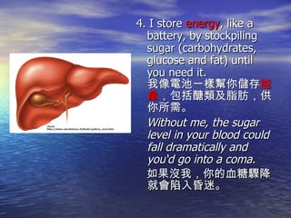 4. I store  energy , like a battery, by stockpiling sugar (carbohydrates, glucose and fat) until you need it. 我像電池一樣幫你儲存 能量 ，包括醣類及脂肪，供你所需。 Without me, the sugar level in your blood could fall dramatically and you‘d go into a coma. 如果沒我，你的血糖驟降就會陷入昏迷。 