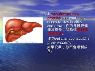 6. I  manufacture new proteins  that your body needs to stay healthy and grow.  你的身體要健康及成長，我為你 製造新的蛋白質 。 Without me, you wouldn‘t grow properly! 如果沒我，你不會順利成長。 