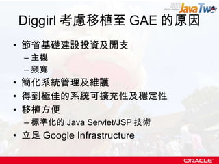 Diggirl 考慮移植至 GAE 的原因 節省基礎建設投資及開支 主機 頻寬 簡化系統管理及維護 得到極佳的系統可擴充性及穩定性 移植方便 標準化的 Java Servlet/JSP 技術 立足 Google Infrastructure 