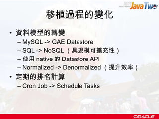 移植過程的變化 資料模型的轉變 MySQL -> GAE Datastore SQL -> NoSQL （具規模可擴充性） 使用 native 的 Datastore API Normalized -> Denormalized （提升效率） 定期的排名計算 Cron Job -> Schedule Tasks 
