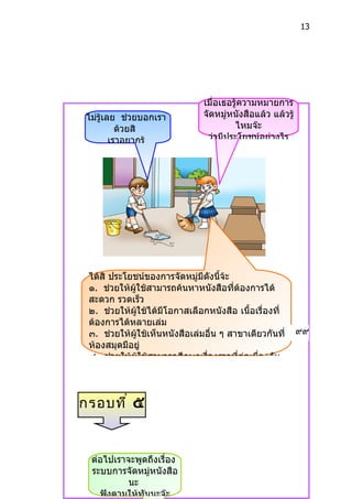 13




                               เมื่อเธอรู้ควำมหมำยกำร
 ไม่รู้เลย ช่วยบอกเรำ          จัดหมู่หนังสือแล้ว แล้วรู้
           ด้วยสิ                       ไหมจ๊ะ
         เรำอยำกรู้             ว่ำมีประโยชน์อย่ำงไร




 ได้สิ ประโยชน์ของกำรจัดหมู่มีดังนี้จ้ะ
 ๑. ช่วยให้ผู้ใช้สำมำรถค้นหำหนังสือที่ต้องกำรได้
 สะดวก รวดเร็ว
 ๒. ช่วยให้ผใช้ได้มีโอกำสเลือกหนังสือ เนื้อเรื่องที่
              ู้
 ต้องกำรได้หลำยเล่ม
 ๓. ช่วยให้ผู้ใช้เห็นหนังสือเล่มอื่น ๆ สำขำเดียวกันที่      ๙๙
 ห้องสมุดมีอยู่
 ๔. ช่วยให้ผใช้สำมำรถศึกษำเรื่องรำวที่ต่อเนื่องกัน
                 ู้




กรอบที ่ ๕


  ต่อไปเรำจะพูดถึงเรื่อง
  ระบบกำรจัดหมู่หนังสือ
           นะ
    ฟังตำมให้ทันนะจ๊ะ
 