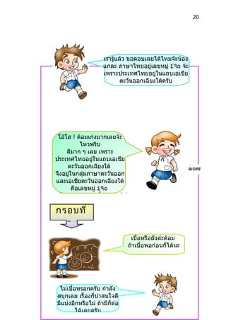 20




                     เรำรู้แล้ว ขอตอบเลยได้ไหมจ๊ะน้อง
                     แกละ ภำษำไทยอยู่เลขหมู่ ٤٩٥ จ้ะ
                     เพรำะประเทศไทยอยู่ในแถบเอเชีย
                             ตะวันออกเฉียงใต้ครับ




   โอ้โฮ ! ต้อมเก่งมำกเลยจ้ะ
             ไหวพริบ
       ดีมำก ๆ เลย เพรำะ
 ประเทศไทยอยู่ในแถบเอเชีย
       ตะวันออกเฉียงใต้                                 ๑๐๗
 จึงอยู่ในกลุ่มภำษำตะวันออก
 และเอเชียตะวันออกเฉียงใต้
         คือเลขหมู่ ٤٩٥
ถ้ำไหวพริบดีอย่ำงนี้ ตำมเรำไป

 กรอบที ่
   ๑๐
                                 เบื่อหรือยังล่ะต้อม
                                ถ้ำเบื่อพอก่อนก็ได้นะ




  ไม่เบื่อหรอกครับ กำำลัง
 สนุกเลย เรื่องก็น่ำสนใจดี
 มีแบ่งอีกหรือไม่ ถ้ำมีก็ต่อ
          ได้เลยครับ
 