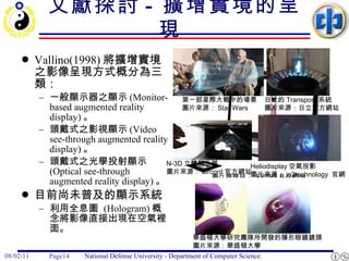 文獻探討 -  擴增實境的呈現  Vallino(1998) 將擴增實境之影像呈現方式概分為三類：  一般顯示器之顯示 (Monitor-based augmented reality display) 。 頭戴式之影視顯示 (Video see-through augmented reality display) 。 頭戴式之光學投射顯示 (Optical see-through augmented reality display) 。 目前尚未普及的顯示系統 利用全息圖  (Hologram) 概念將影像直接出現在空氣裡面。  圖片摘錄自：  Lumus 官方網站 第一部星際大戰中的場景 圖片來源： Star Wars  日立的 Transpost 系統 圖片來源：日立官方網站  N-3D 立體顯示器 圖片來源： aircord 官方網站  Heliodisplay 空氣投影 圖片來源： io2technology  官網  華盛頓大學研究團隊所開發的隱形眼鏡鏡頭  圖片來源：華盛頓大學 