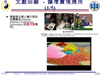 文獻回顧  -  擴增實境應用 (1/5) 華盛頓大學人機介面科技實驗室 (Human Interface Technology Laboratory) 的 魔法書 應用。 魔法書的應用情況  圖片摘錄自： Billinghurst, M., Kato, H. and Poupyrev, I., “The MagicBook: A Transitional AR Interface,”  Computers & Graphics, Vol. 25, Issue 5, pp. 745-753, 2001.  