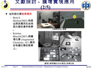 文獻探討 -  擴增實境應用 (2/5) 擴增化學與傳統 BSM 模型之教學比較  太陽與地球之運轉  地科與化學 教學應用 Brett E. Shelton(2002) 則提出將其應用在地球與太陽的運作教學。 Kristina Bötschi(2007) 將擴增化學 (Augmented Chemistry, AC) 應用於有機化學的教學上。 