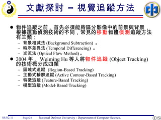 文獻探討 – 視覺追蹤方法 物件追蹤之前，首先必須能夠區分影像中的前景與背景，根據運動偵測技術的不同，常見的 移動 物體 偵測 追蹤方法有三類： 背景相減法 (Background Subtraction)  。 時序差異法 (Temporal Differencing)  。 光流法 (Optical Flow Method) 。 2004 年， Weiming Hu 等人將 物件追蹤 (Object Tracking) 的技術概分成四類 區域式追蹤  (Region-Based Tracking) 主動式輪廓追蹤 (Active Contour-Based Tracking) 特徵追蹤 (Feature-Based Tracking) 模型追蹤 (Model-Based Tracking) 