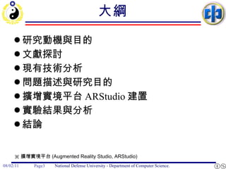 大綱 研究動機與目的 文獻探討 現有技術分析 問題描述與研究目的 擴增實境平台 ARStudio 建置 實驗結果與分析 結論 ※ 擴增實境平台 (Augmented Reality Studio, ARStudio) 