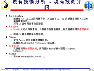 現有技術分析  -  現有技術介紹 Goblin XNA  架構在 ARTag 之上的開發平台，其結合了 ARTag  的辨識技術與 XNA 的電腦圖學技術。  採用 C# 當作開發平台的語言 Unifeye Metaio 公司的商業產品，目前最新的開發界面，有支援標記與 無標記技術 。  採用 C# 當作開發平台的語言。  Vizard  使用 Python 語言來當作開發語言。  底層採用 ARToolKit Professional  函式庫。  D’Fusion   支援標記與 無標記技術 。採用特殊的內部腳本語言 (Scripting Language)  。 DART  建立在 Macromedia Director 上。 
