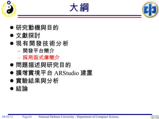 大綱 研究動機與目的 文獻探討 現有開發技術分析 開發平台簡介 採用函式庫簡介 問題描述與研究目的 擴增實境平台 ARStudio 建置 實驗結果與分析 結論 