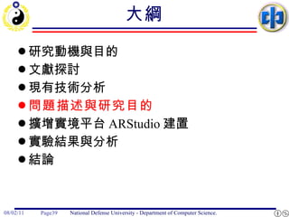 大綱 研究動機與目的 文獻探討 現有技術分析 問題描述與研究目的 擴增實境平台 ARStudio 建置 實驗結果與分析 結論 
