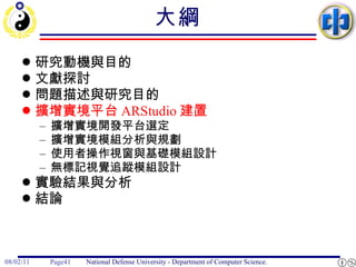 大綱 研究動機與目的 文獻探討 問題描述與研究目的 擴增實境平台 ARStudio 建置 擴增實境開發平台選定 擴增實境模組分析與規劃 使用者操作視窗與基礎模組設計 無標記視覺追蹤模組設計 實驗結果與分析 結論 