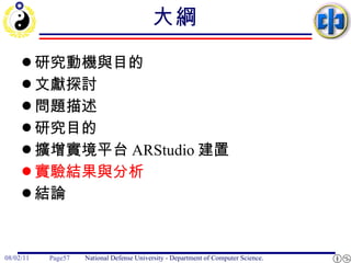 大綱 研究動機與目的 文獻探討 問題描述 研究目的 擴增實境平台 ARStudio 建置 實驗結果與分析 結論 