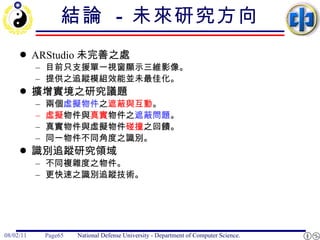 結論  -  未來研究方向 ARStudio 未完善之處 目前只支援單一視窗顯示三維影像。 提供之追蹤模組效能並未最佳化。 擴增實境之研究議題 兩個 虛擬物件 之 遮蔽與互動 。 虛擬 物件與 真實 物件之 遮蔽問題 。 真實物件與虛擬物件 碰撞 之回饋。 同一物件不同角度之識別。 識別追蹤研究領域 不同複雜度之物件。 更快速之識別追蹤技術。 