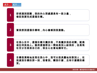 《硬目標──實現夢想的四個祕徑》 即使遇到困難，我的內心深處還是有一股力量， 催促我要完成這個目標。 1 當我想到這個目標時，內心會感到很激動。 2 在我心目中，這個目標只屬於我，不是屬於我的老闆、配偶或任何其他人。雖然這個想法一開始是別人給我的，但是現在百分百是我自己的，我全心全意地擁有它。 3 目標很清晰地呈現在我心中，我可以很具體地告訴別人，在我達到目標的那一刻，我看到、聽到什麼，且有什麼樣的感受。 4 